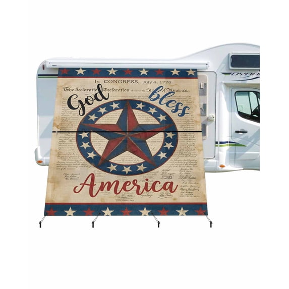 4th of July RV Awning Sun Shade Screen 9'X7' God Bless America Mesh Sunscreen Patriotic Stars Vintage Awning Shade Screen with Zipper UV Blocker Completed Kits Outdoor Canopy for RV Motorhome Camper