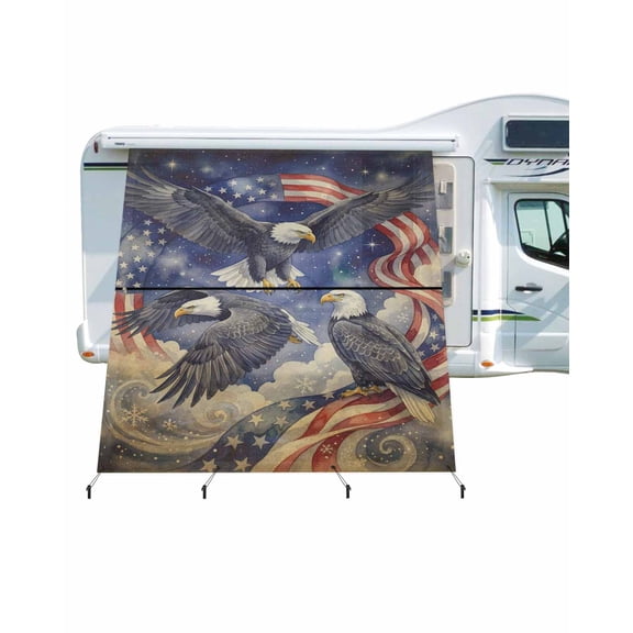 4th of July RV Awning Sun Shade Screen 9'X7' Majestic Soaring Eagle Mesh Sunscreen American Flag Sky Could Awning Shade Screen with Zipper UV Blocker Completed Kits for RV Motorhome Camper