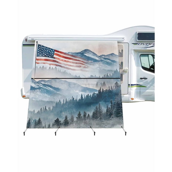 4th of July RV Awning Sun Shade Screen 9'X7' National Flag Mesh Sunscreen Mountains Forest Awning Shade Screen with Zipper UV Blocker Completed Kits Outdoor Canopy for RV Motorhome Camper Travel