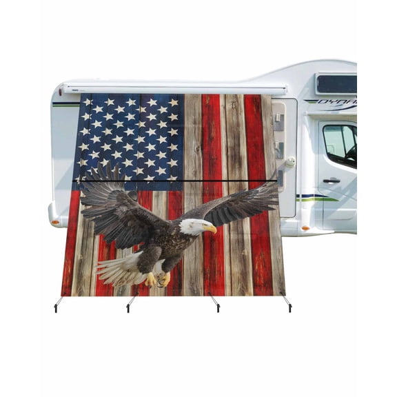 4th of July RV Awning Sun Shade Screen 9'X7' Patriotic Eagle American Flag Mesh Sunscreen Red White and Blue Awning Shade Screen with Zipper UV Blocker Completed Kits for RV Motorhome Camper
