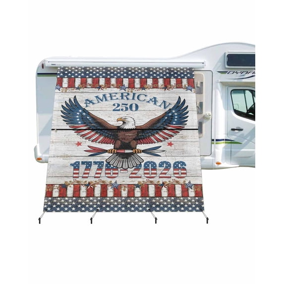4th of July RV Awning Sun Shade Screen 9'X7' Patriotic Eagle Mesh Sunscreen Red White and Blue Stars 250th Anniversary Awning Shade Screen with Zipper Completed Kits for RV Motorhome Camper