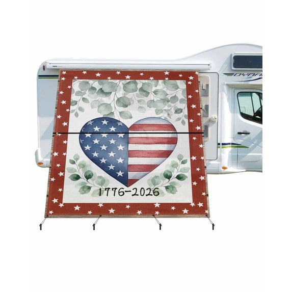 4th of July RV Awning Sun Shade Screen 9'X7' Patriotic Love Heart Mesh Sunscreen Star Eucalyptus Leaves Awning Shade Screen with Zipper UV Blocker Completed Kits for RV Motorhome Camper