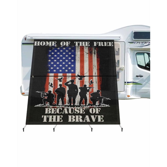 4th of July RV Awning Sun Shade Screen 9'X7' Patriotic Stars American Flag Mesh Sunscreen Freedom Soldiers Vintage Stripes Awning Shade Screen with Zipper Completed Kits for RV Motorhome Camper