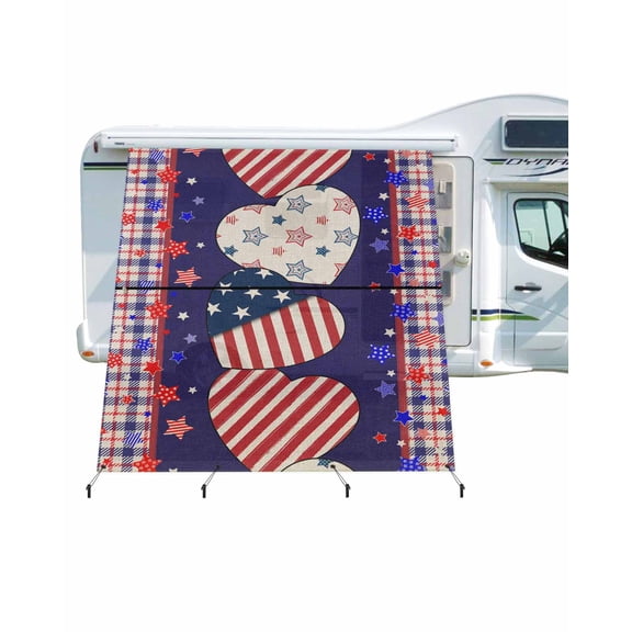 4th of July RV Awning Sun Shade Screen 9'X7' Patriotic Stars Love Heart Mesh Sunscreen Red White and Blue Awning Shade Screen with Zipper UV Blocker Completed Kits for RV Motorhome Camper