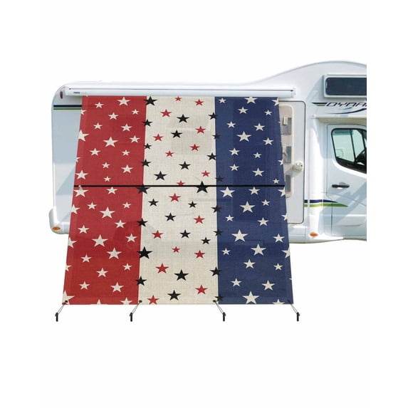 4th of July RV Awning Sun Shade Screen 9'X7' Patriotic Stars Red White and Blue Mesh Sunscreen American Flag Stripes Beige Awning Shade Screen with Zipper Completed Kits for RV Motorhome Camper