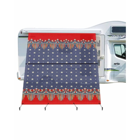 4th of July RV Awning Sun Shade Screen 9'X7' Patriotic Stars USA Flag Mesh Sunscreen American Flag Awning Shade Screen with Zipper UV Blocker Completed Kits Outdoor Canopy for RV Motorhome Camper