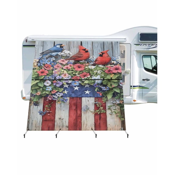 4th of July RV Awning Sun Shade Screen 9'X7' Poppy Bird Mesh Sunscreen Patriotic Star Strips Awning Shade Screen with Zipper UV Blocker Completed Kits Outdoor Canopy for RV Motorhome Camper Travel