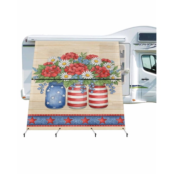 4th of July RV Awning Sun Shade Screen 9'X7' Poppy Vase American Flag Mesh Sunscreen Patriotic Stars Daisy Awning Shade Screen with Zipper UV Blocker Completed Kits for RV Motorhome Camper