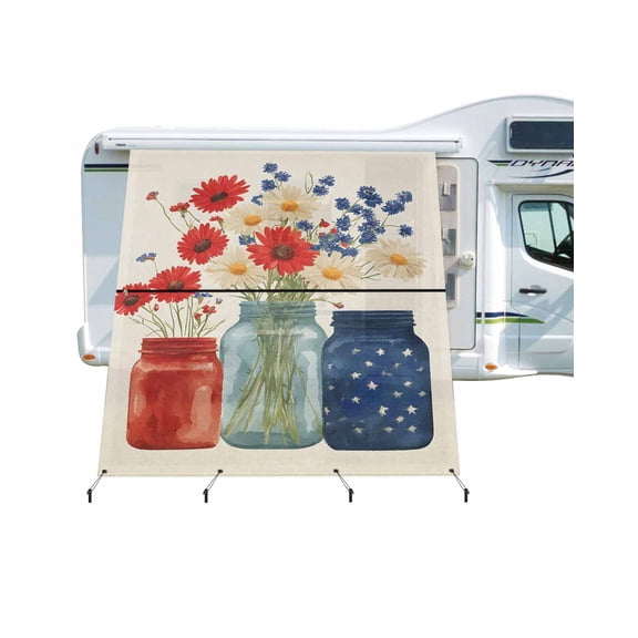4th of July RV Awning Sun Shade Screen 9'X7' Red Blue Flower Vase Mesh Sunscreen Patriotic Awning Shade Screen with Zipper UV Blocker Completed Kits Outdoor Canopy for RV Motorhome Camper Travel