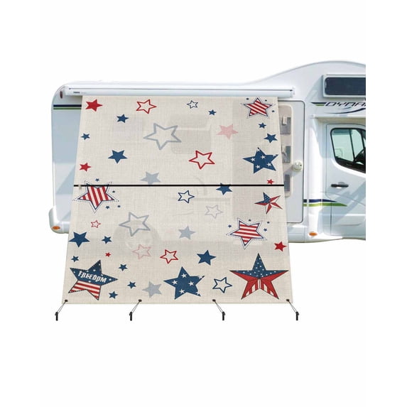 4th of July RV Awning Sun Shade Screen 9'X7' Red Blue Mesh Sunscreen American White Stars Flag Retro Awning Shade Screen with Zipper UV Blocker Completed Kits Outdoor Canopy for RV Motorhome Camper