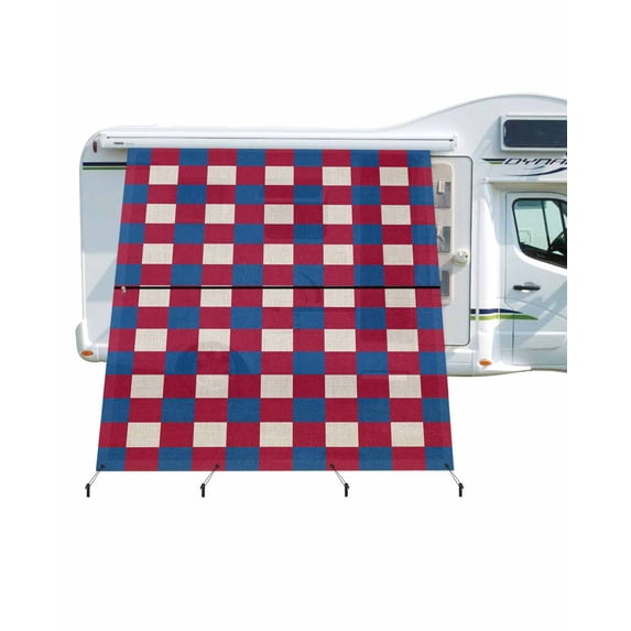 4th of July RV Awning Sun Shade Screen 9'X7' Red Blue White Buffalo Plaid Mesh Sunscreen Patriotic Linen Awning Shade Screen with Zipper UV Blocker Completed Kits for RV Motorhome Camper