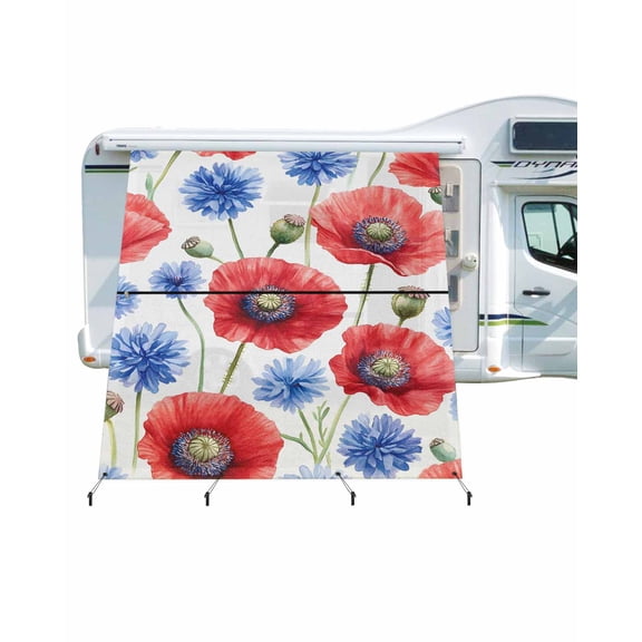 4th of July RV Awning Sun Shade Screen 9'X7' Red Poppy Mesh Sunscreen Vintage Flower Awning Shade Screen with Zipper UV Blocker Completed Kits Universal Outdoor Canopy for RV Motorhome Camper Travel