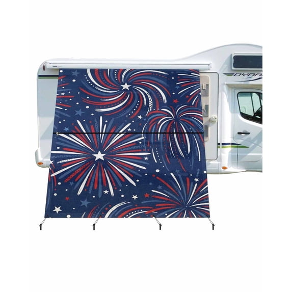 4th of July RV Awning Sun Shade Screen 9'X7' Red White and Blue Mesh Sunscreen Patriotic Star Fireworks Awning Shade Screen with Zipper UV Blocker Completed Kits for RV Motorhome Camper
