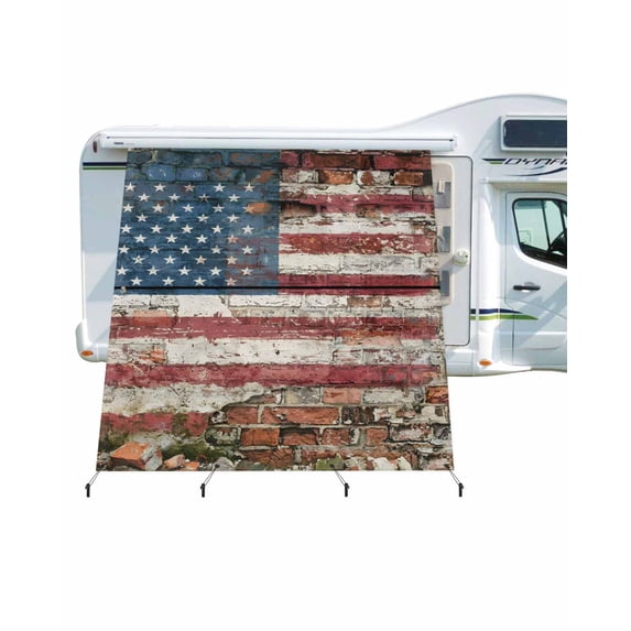 4th of July RV Awning Sun Shade Screen 9'X7' Retro American Flag Mesh Sunscreen Rustic Red Brick Wall Awning Shade Screen with Zipper UV Blocker Completed Kits Outdoor Canopy for RV Motorhome Camper