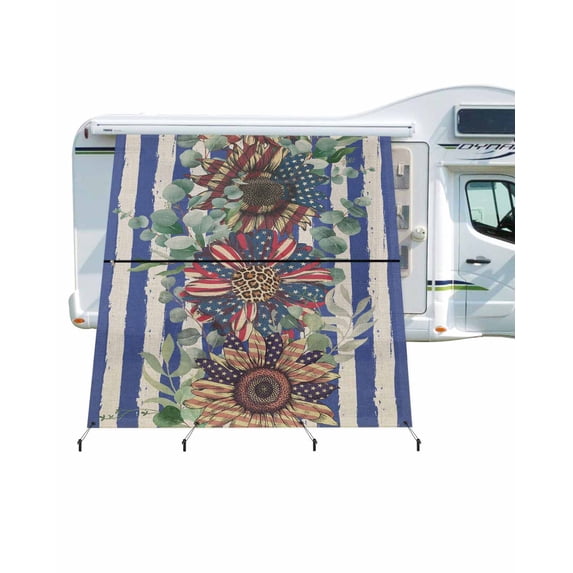 4th of July RV Awning Sun Shade Screen 9'X7' Retro Flower Mesh Sunscreen Eucalyptus Leaf Blue Striped Awning Shade Screen with Zipper UV Blocker Completed Kits Outdoor Canopy for RV Motorhome Camper