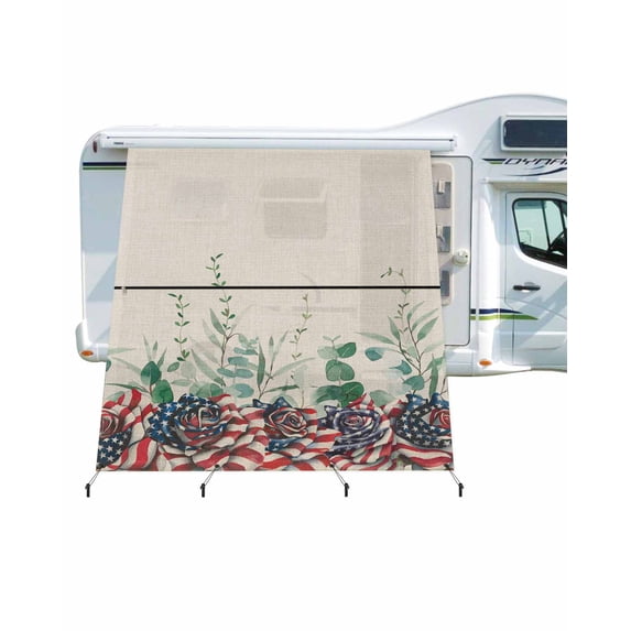 4th of July RV Awning Sun Shade Screen 9'X7' Roses Mesh Sunscreen Star Stripes Leaves Beige Awning Shade Screen with Zipper UV Blocker Completed Kits Outdoor Canopy for RV Motorhome Camper Travel