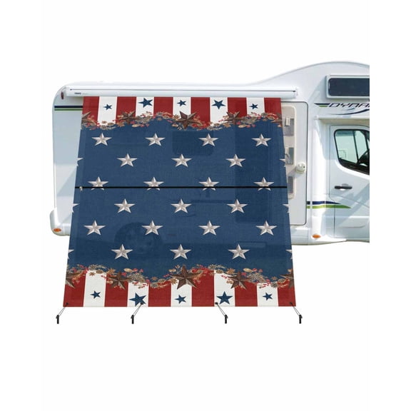 4th of July RV Awning Sun Shade Screen 9'X7' Rustic Star Stripes Mesh Sunscreen Red White and Blue Awning Shade Screen with Zipper UV Blocker Completed Kits Outdoor Canopy for RV Motorhome Camper
