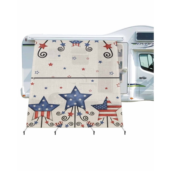 4th of July RV Awning Sun Shade Screen 9'X7' Star American Flag Mesh Sunscreen Blue Red Awning Shade Screen with Zipper UV Blocker Completed Kits Outdoor Canopy for RV Motorhome Camper Travel