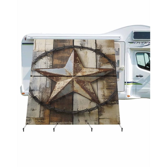 4th of July RV Awning Sun Shade Screen 9'X7' Star Wreath Mesh Sunscreen Rustic Wood Grain Awning Shade Screen with Zipper UV Blocker Completed Kits Outdoor Canopy for RV Motorhome Camper Travel