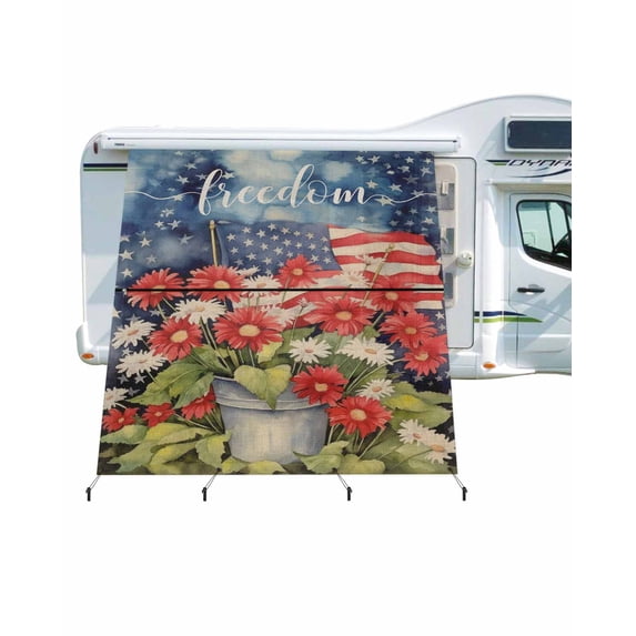 4th of July RV Awning Sun Shade Screen 9'X7' Stars American Flag Flower Mesh Sunscreen Patriotic Freedom Awning Shade Screen with Zipper UV Blocker Completed Kits for RV Motorhome Camper