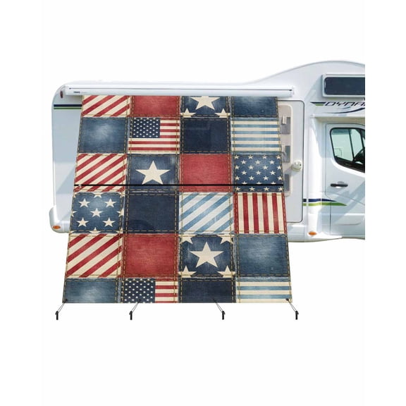 4th of July RV Awning Sun Shade Screen 9'X7' Stars Stripes Patchwork Mesh Sunscreen Retro Checkered Grid Awning Shade Screen with Zipper UV Blocker Completed Kits for RV Motorhome Camper