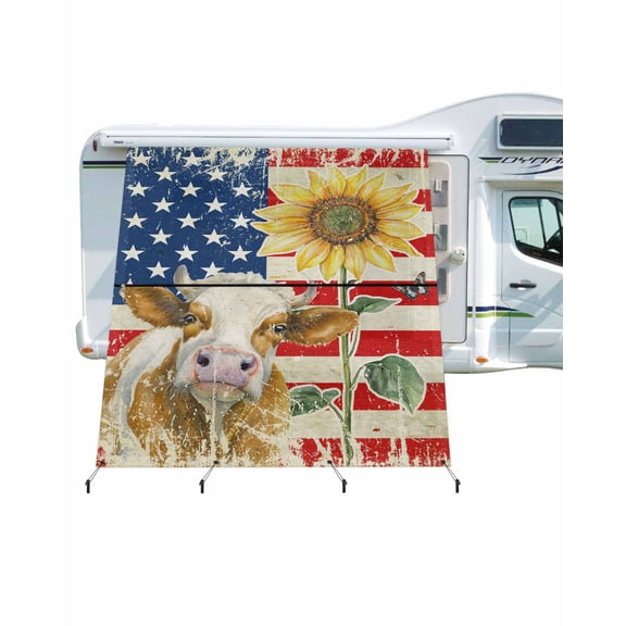 4th of July RV Awning Sun Shade Screen 9'X7' Sunflower Cow American Flag Mesh Sunscreen Retro Star Stripes Awning Shade Screen with Zipper UV Blocker Completed Kits for RV Motorhome Camper