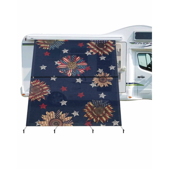4th of July RV Awning Sun Shade Screen 9'X7' Sunflower Mesh Sunscreen Star Red White Navy Blue Awning Shade Screen with Zipper UV Blocker Completed Kits Outdoor Canopy for RV Motorhome Camper Travel