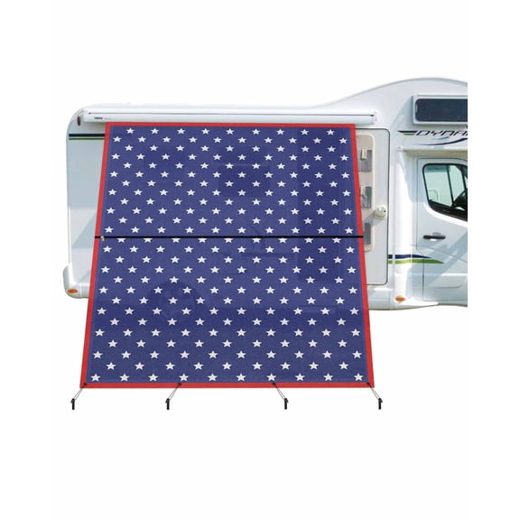 4th of July RV Awning Sun Shade Screen 9'X7' US Flag Red Stripe Mesh Sunscreen Stars Blue White Awning Shade Screen with Zipper UV Blocker Completed Kits for RV Motorhome Camper Travel