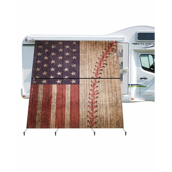 4th of July RV Awning Sun Shade Screen 9'X7' USA Flag Baseball Mesh Sunscreen Retro Stars Red White Blue Stripes Awning Shade Screen with Zipper UV Blocker Completed Kits for RV Motorhome Camper