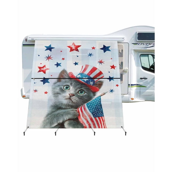 4th of July RV Awning Sun Shade Screen 9'X7' USA Flag Cat Mesh Sunscreen Patriotic Star Stripes Awning Shade Screen with Zipper UV Blocker Completed Kits for RV Motorhome Camper Travel