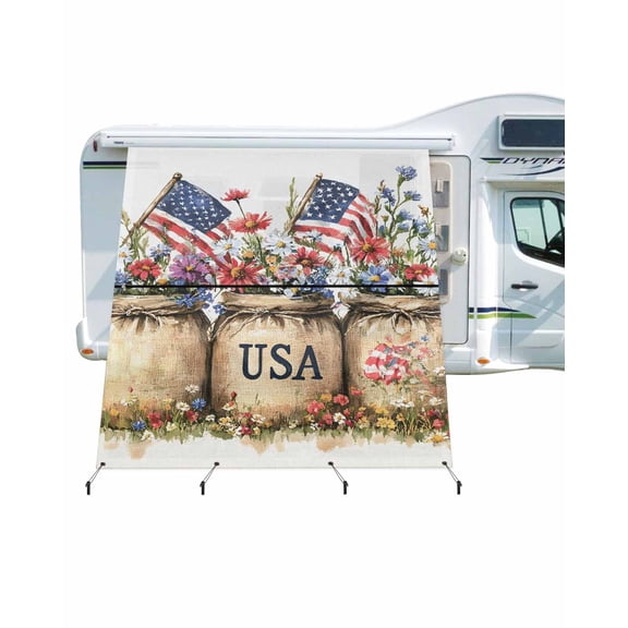 4th of July RV Awning Sun Shade Screen 9'X7' USA Flag Mesh Sunscreen FreedomPoppy Flower Awning Shade Screen with Zipper UV Blocker Completed Kits Outdoor Canopy for RV Motorhome Camper Travel