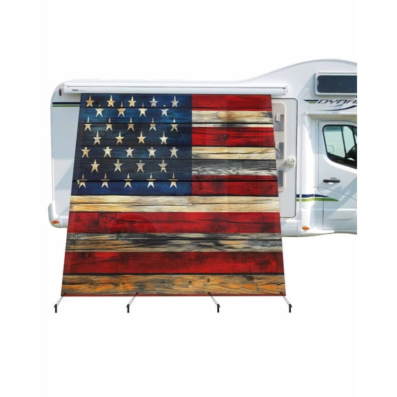 4th of July RV Awning Sun Shade Screen 9'X7' USA Flag Mesh Sunscreen Retro Wood Grain Awning Shade Screen with Zipper UV Blocker Completed Kits Universal for RV Motorhome Camper Travel