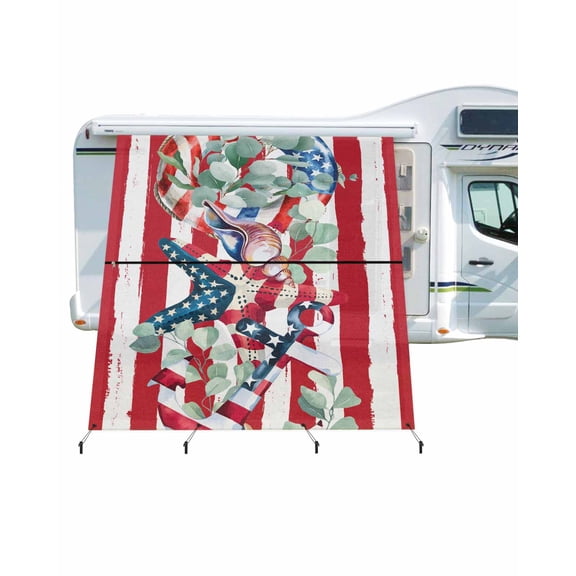 4th of July RV Awning Sun Shade Screen 9'X7' USA Starfish Mesh Sunscreen Shell Leaves Red Stripes Awning Shade Screen with Zipper UV Blocker Completed Kits Outdoor Canopy for RV Motorhome Camper