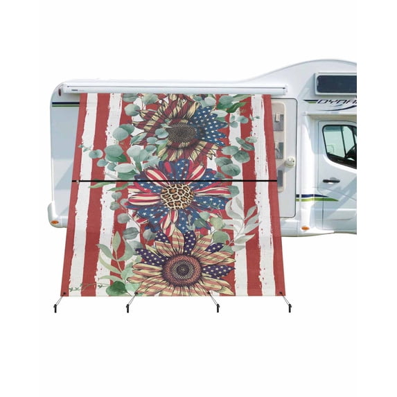 4th of July RV Awning Sun Shade Screen 9'X7' United States Flower Mesh Sunscreen Eucalyptus Leaf Red Striped Awning Shade Screen with Zipper UV Blocker Completed Kits for RV Motorhome Camper