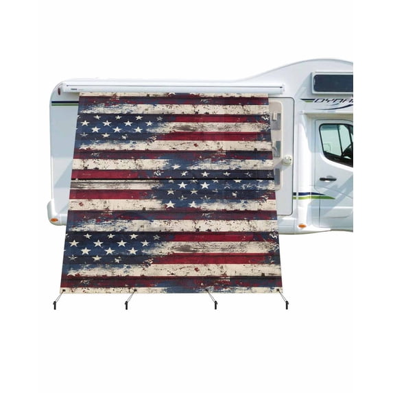 4th of July RV Awning Sun Shade Screen 9'X7' Vintage American Flag Mesh Sunscreen Patriotic Red White Blue Stripes Awning Shade Screen with Zipper UV Blocker Completed Kits for RV Motorhome Camper