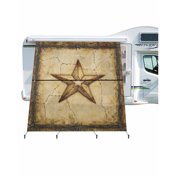4th of July RV Awning Sun Shade Screen 9'X7' Western Star Rustic Mesh Sunscreen Brown Patriotic Awning Shade Screen with Zipper UV Blocker Completed Kits for RV Motorhome Camper Travel