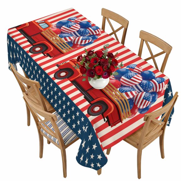 4th of July Rectangle Tablecloth 54 x 108 Patriotic Truck with Balloons USA Flag Waterproof & Stain Resistance Table Cloth Decorative Fabric Table Cover for Dinning/Party/Buffet/Banquet