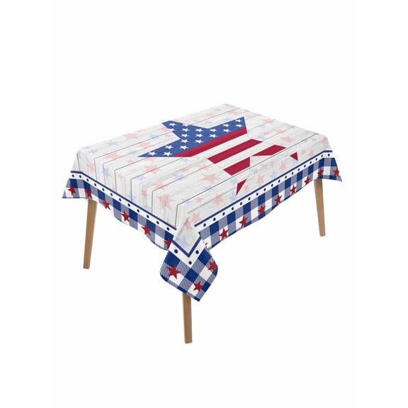 4th of July Rectangle Tablecloth, American Flag Star on Wood Blue Checkered Waterproof & StainResistant Tablecloth, Washable Oil-proof Table Cover for Dining/Party/Wedding/Camping/Buffet 52x70 In