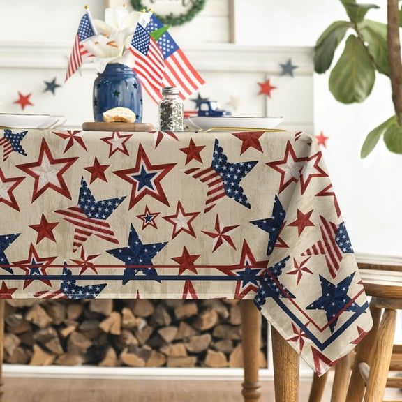 4th of July Rectangular Tablecloth 60×86 Inch, Patriotic Memorial Day Blue Red Star Independence Day Washable Table Cover for Party Picnic Dinner Decor