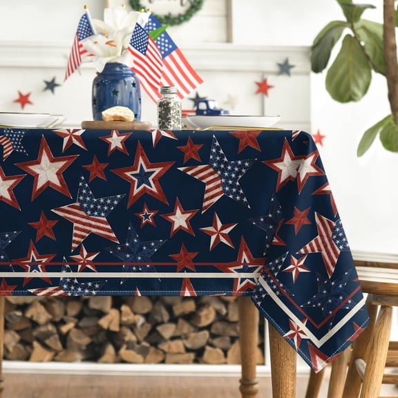 4th of July Rectangular Tablecloth 60×86 Inch, Patriotic Memorial Day Navy Blue Red Star Independence Day Washable Table Cover for Party Picnic Dinner Decor