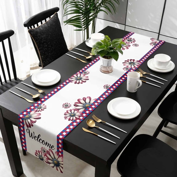 4th of July Red Blue Cotton Linen Small Table Runner 13 x 36 inch Plaid Daisy Welcome Non-slip Rectangular Dining Table Decor for Wedding Party Holiday Dinner