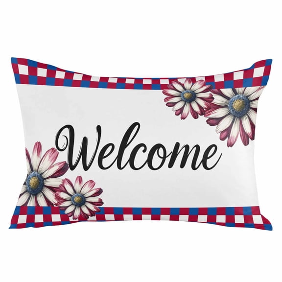 4th of July Red Blue Throw Pillow Cover 20 x 26 Inch Decorative Pillow Cover Plaid Daisy Welcome Lumbar Pillowcase Seasonal Rectangle Cushion Case for Couch Sofa Bed Living Room