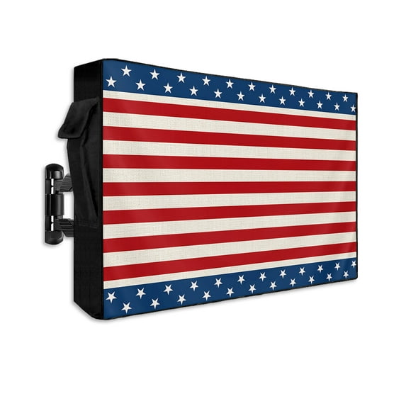 4th of July Red Outdoor TV Cover 30 to 32 Inch Weatherproof, Blue Independence Day Striped Star 600D Oxford TV Covers with Waterproof Zipper, Outside Flat TV Screen Protector Size 30"W x 19"H x 4.5"D