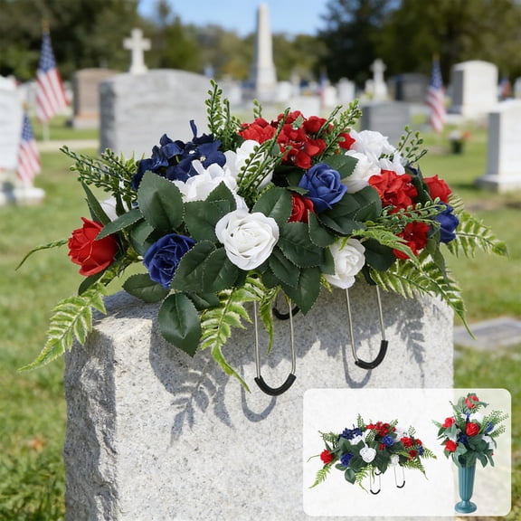 4th of July Red White Blue Artificial Memorial Flowers, Silk Plastic Patriotic Floral Decor, Grave Tombstone Props for USA Independence Day Celebration, A