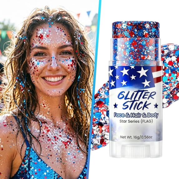 4th Of July Red White And Blue Body Glitter Stick With Star Sequins Patriotic Makeup Gel For Women Festival Party Concert Face And Body Sparkle Decorations
