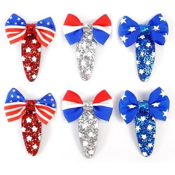 4th of July Red White and Blue Hair Clips for Girls,6pcs Patriotic Themed Hair Clips with Small Bow,Sparkly Hair Bows with Glitter  Ribbon Clips,Fourth of July Patriotic Hair Bows(A)