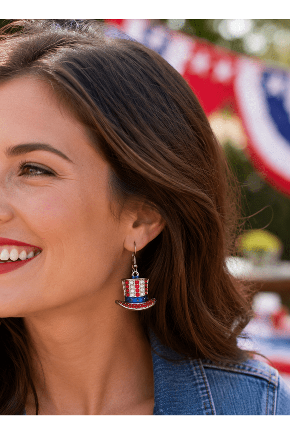 4th July Red White Blue Statement Earrings Top Hat Uncle Sam USA Flag Rhinestone American French Hook Dangle Earring