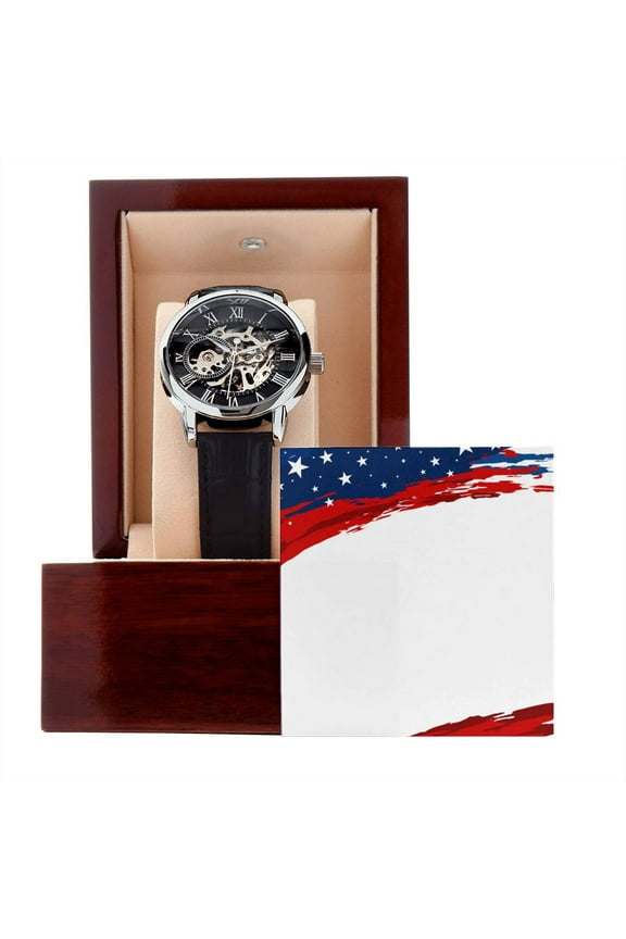 4th July Red Wine And Blue Funny America USA Flag - Men's Openwork Watch - Mahogany Gift Box