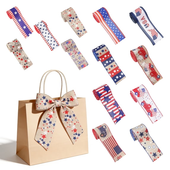 4th of July Ribbon, 250th Anniversary Flag Star Print Patriotic Craft Ribbon for Independence Day Party DIY Bow, Car Decor and Wreath Making,July 4th Decorations