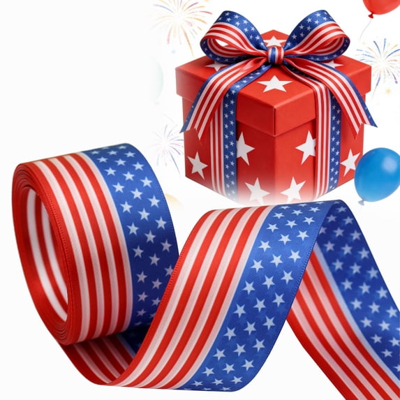 4th of July Ribbon Patriotic Wired Ribbons for Crafts Wrapping Wreath Bows Red White and Blue Ribbon American Flag Ribbons for 250th Anniversary Party Home Decoration,1.5"x 10 Yards
